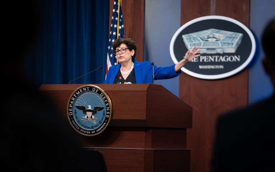 Lynn Rosenthal, lead in the Department of Defense’s 90-day Independent Review Commission on sexual assault and harassment, and Pentagon Press Secretary John F. Kirby deliver a briefing to the press at the Pentagon, March 24, 2021. 