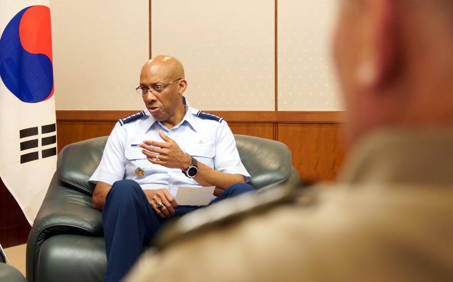 Air Force Gen. Charles "CQ" Brown, chairman of the Joint Chiefs of Staff, attends a trilateral meeting of military leaders from the U.S, Japan and South Korea at Camp Ichigaya, Tokyo, Thursday, July 18, 2024. 