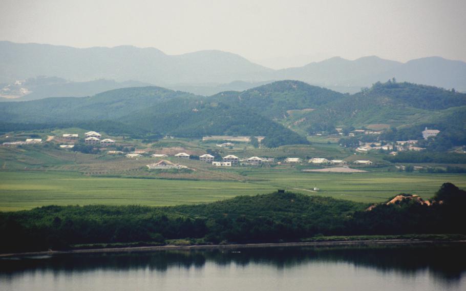 A view of North Korea from Odusan Unification Observatory in Paju, South Korea, on Aug. 14, 2024.