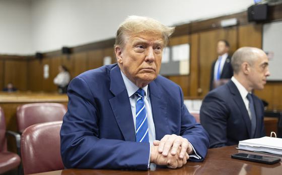 FILE - Former President Donald Trump awaits the start of proceedings on the second day of jury selection at Manhattan criminal court, April 16, 2024, in New York.  (Justin Lane/Pool Photo via AP)