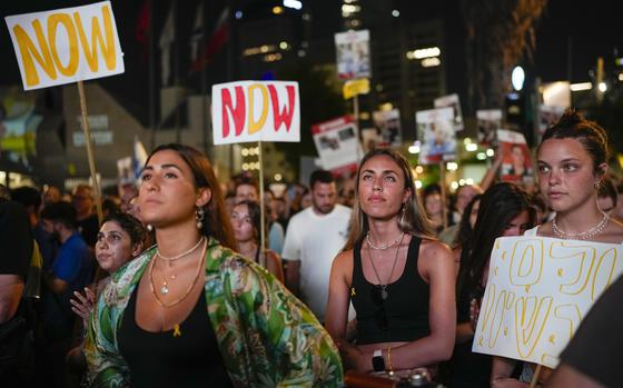 Relatives and supporters of Israeli hostages held in Gaza call for their release during a rally in Tel Aviv, Israel, on June 8, 2024.