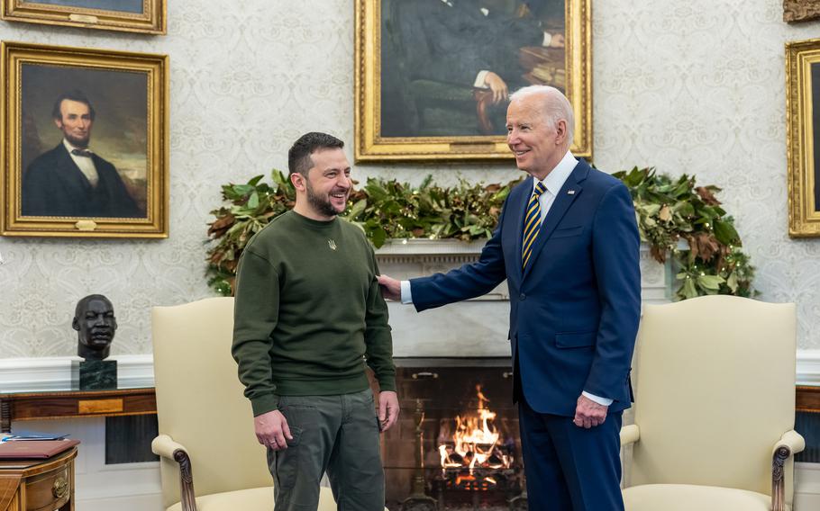 President Joe Biden meets with Ukrainian President Volodymyr Zelenskyy, Wednesday, December 21, 2022, in the Oval Office of the White House. 