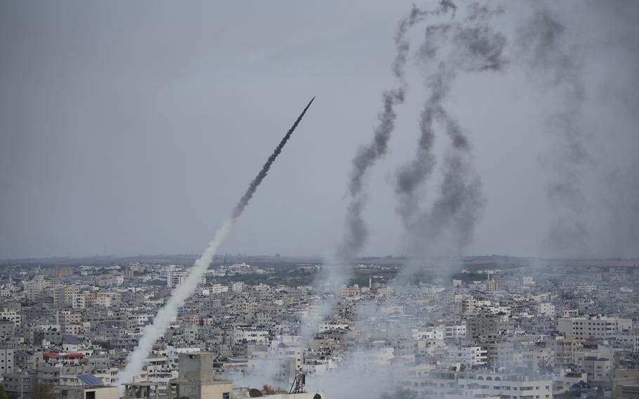 Rockets are launched by Palestinian militants from the Gaza Strip towards Israel