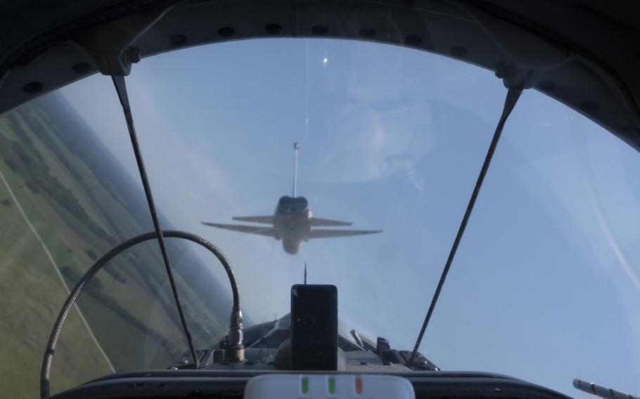 Two U.S. Air Force T-38 Talon aircraft assigned to the 509th Bomb Wing prepare to conduct a flyover during 2024 Wings Over Whiteman Air Show at Whiteman Air Force Base, Mo., July 13, 2024. 