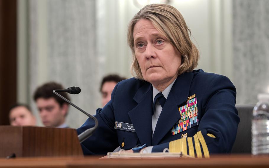 Coast Guard Commandant Adm. Linda Fagan testifies before the Senate Commerce, Science, and Transportation Committee during a hearing in July 2023 on Capitol Hill in Washington, D.C.