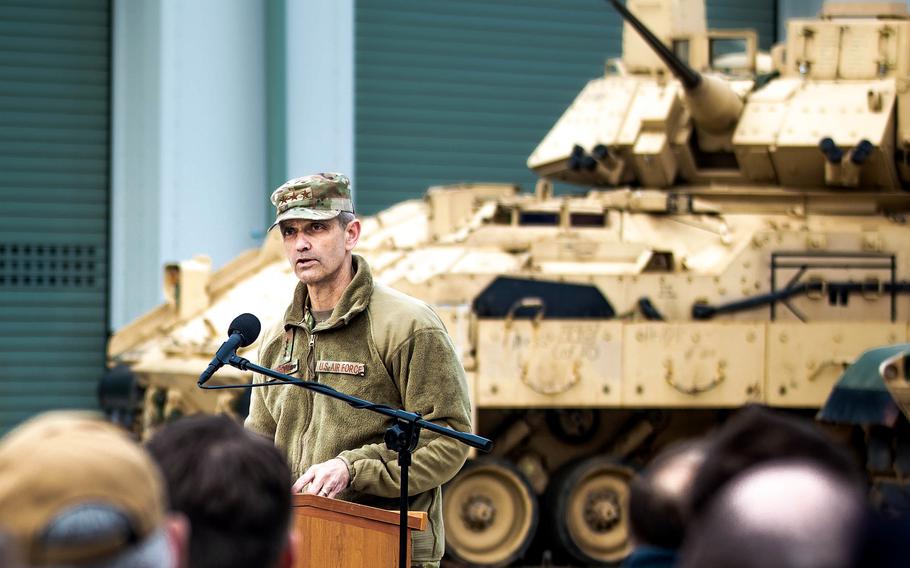 U.S. Air Force Lt. Gen. Steven L. Basham, the U.S. European Command's deputy commander, speaks at Air Base Powidz, Poland, April 5, 2023. Basham said recently that some NATO allies don't grasp the stakes involved when it comes to dealing with Russia.