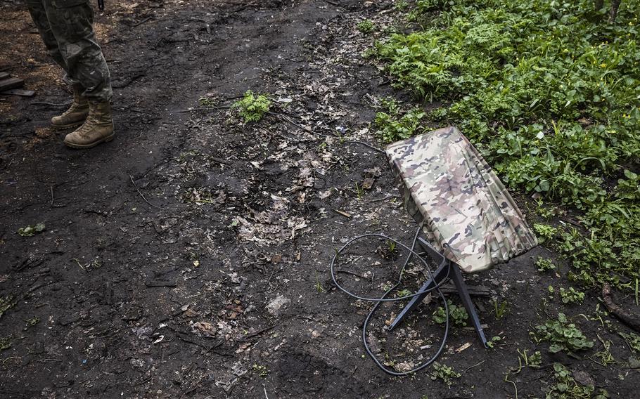 A Starlink terminal is positioned outside a Ukrainian base in Bakhmut district in April, 2023.