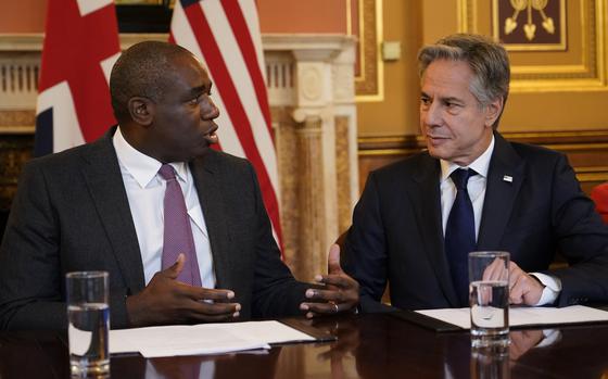 Secretary of State Antony Blinken, right, speaks during a strategic dialogue meeting with Britain's Foreign Secretary David Lammy at the Foreign, Commonwealth and Development Office (FCDO) in London, Tuesday, Sept. 10, 2024. (AP Photo/Alberto Pezzali, Pool)