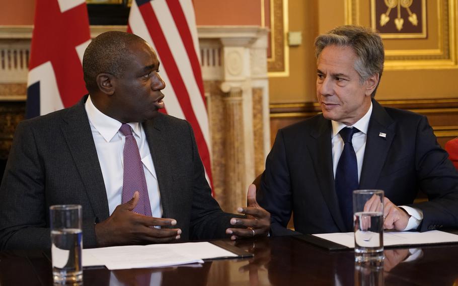 Secretary of State Antony Blinken, right, speaks during a strategic dialogue meeting with Britain’s Foreign Secretary David Lammy in London on Sept. 10, 2024. 