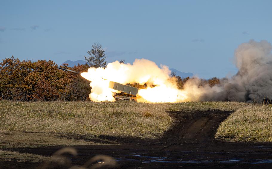 Troops fire High Mobility Artillery Rocket Systems and M270 multiple rocket-launchers.