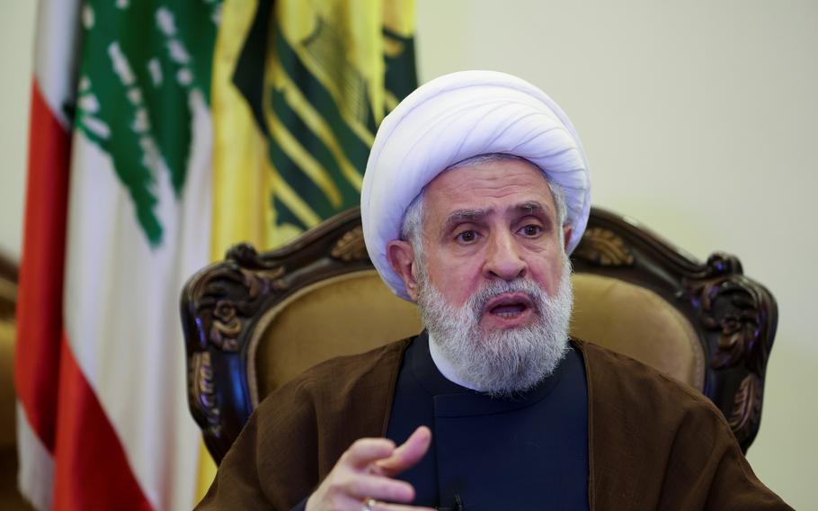 Lebanon's Hezbollah deputy leader Sheikh Naim Qassem speaks during an interview with Reuters in Beirut, June 6, 2022.