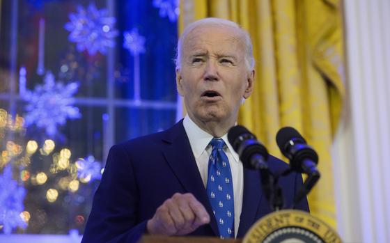 FILE - President Joe Biden speaks during a Hanukkah reception in the East Room of the White House in Washington, Monday, Dec. 16, 2024. (AP Photo/Rod Lamkey, Jr., File)