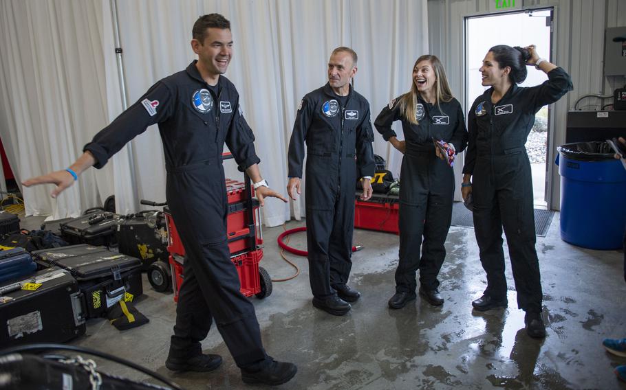 The Polaris Dawn flight crew, from left, Jared Isaacman, Scott “Kidd” Poteet, Anna Menon and Sarah Gillis, in September 2022. 