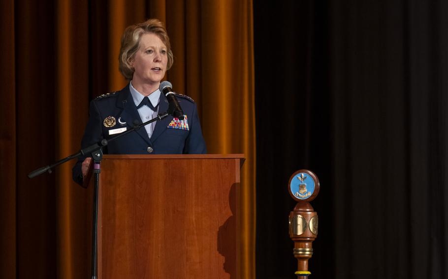 Lt. Gen. Donna Shipton, assistant secretary of the Air Force for acquisition, technology and logistics, delivers the commencement address for the Air Force Institute of Technology graduation ceremony at the Dayton Masonic Center in Dayton, Ohio, Sept. 14, 2023. Shipton is slated to be the next commander of the Air Force Life Cycle Management Center (AFLCMC) at Wright-Patterson Air Force Base and will soon head to her new assignment after Sen. Tommy Tuberville, R- Ala., said he will drop his hold on most military promotions.