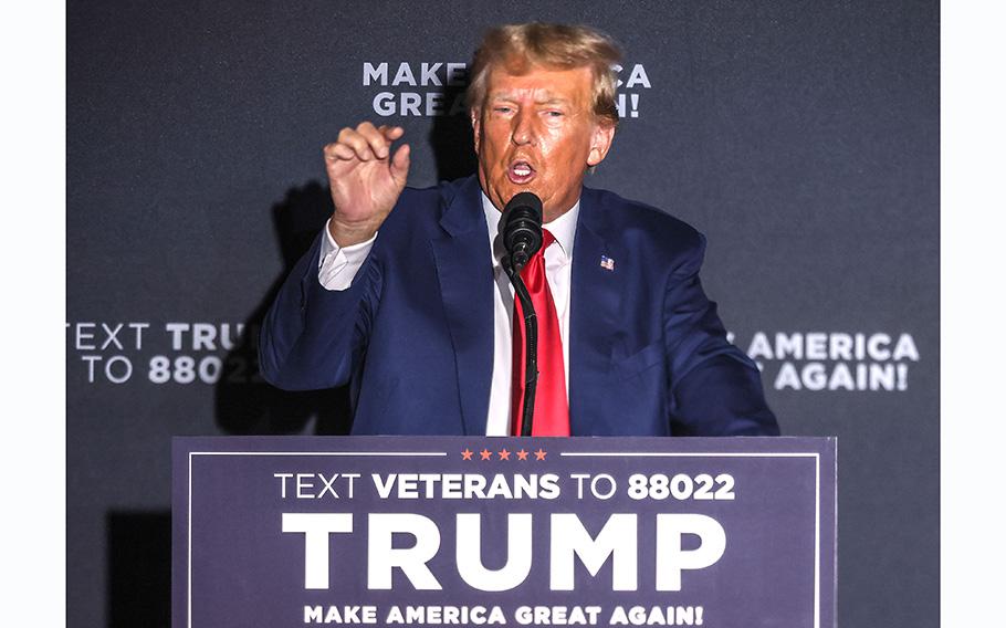 Former President Donald Trump speaks at a campaign event in Windham, N.H.