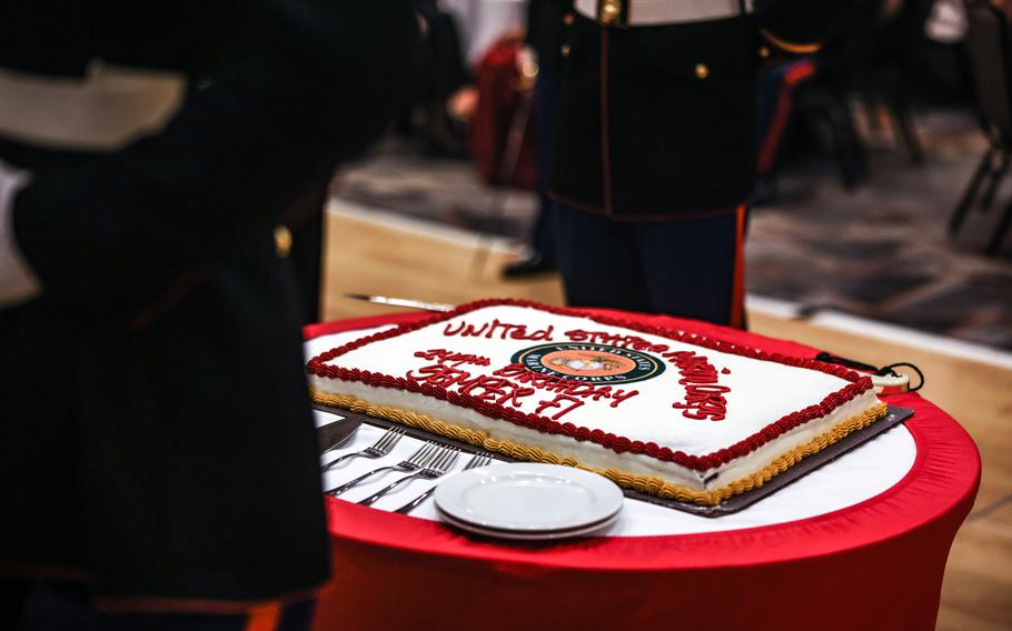 A cake commemorating the 249th birthday of the Marine Corps is seen at a celebration in Honolulu, Nov. 1, 2024.