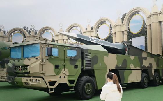 The Dongfeng-17 missile launch vehicle on display at an exhibit at the exhibition hall in Beijing on Oct. 20, 2022.