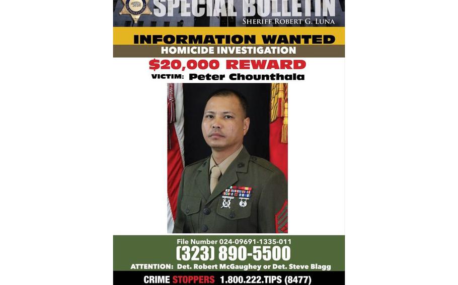 Police are now offering $20,000 to anyone with information about the death of Marine Staff Sgt. Peter Chounthala, 42, who was beaten, left lying in the street and then run over by a passing vehicle in Los Angeles County.