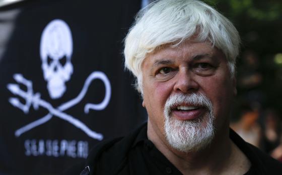 FILE - Paul Watson, then founder and President of the animal rights and environmental Sea Shepherd Conservation, attends a demonstration against the Costa Rican government near Germany's President residence during a visit of Costa Rica's president in Berlin, Germany, on Wednesday, May 23, 2012. Greenland police said they arrested Watson on Sunday, July 21, 2024, on an international arrest warrant issued by Japan. 