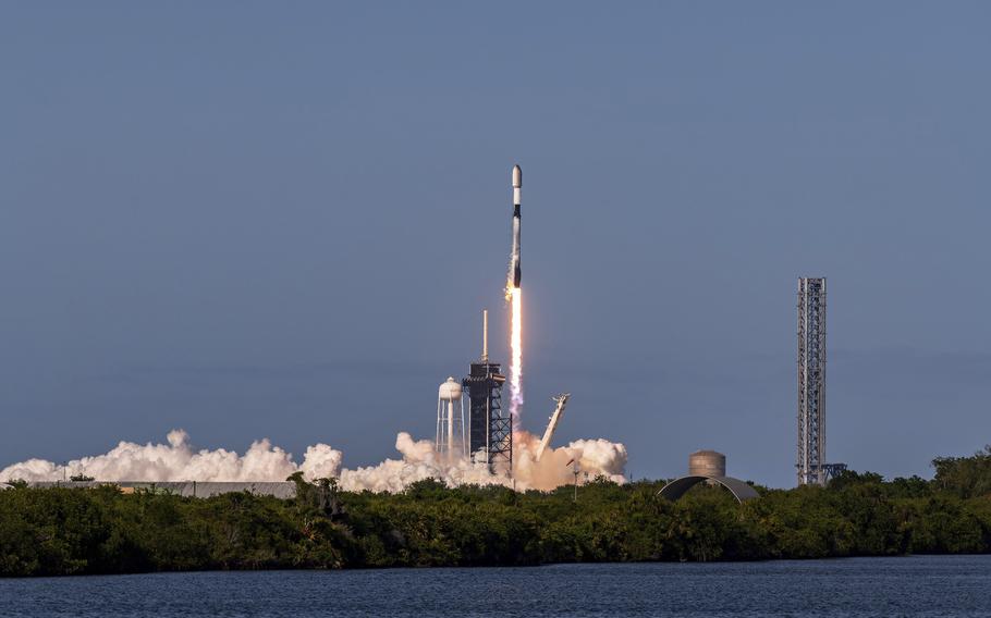 A SpaceX Falcon 9 rocket carrying the Starlink 6-51 mission blasts off from Launch Complex 39A at the Kennedy Space Center, April 17, 2024, in Cape Canaveral, Fla.