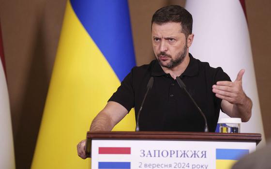 Ukrainian President Volodymyr Zelenskyy speaks during a press conference in Zaporizhzhia, Ukraine, on Sept. 2, 2024.