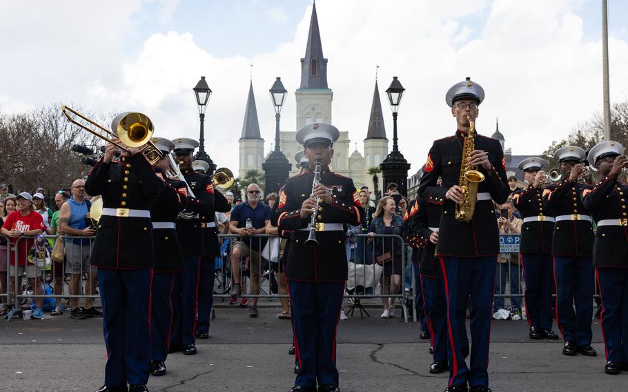 The Marine Forces Reserve Band performs at the Super Bowl LIX parade