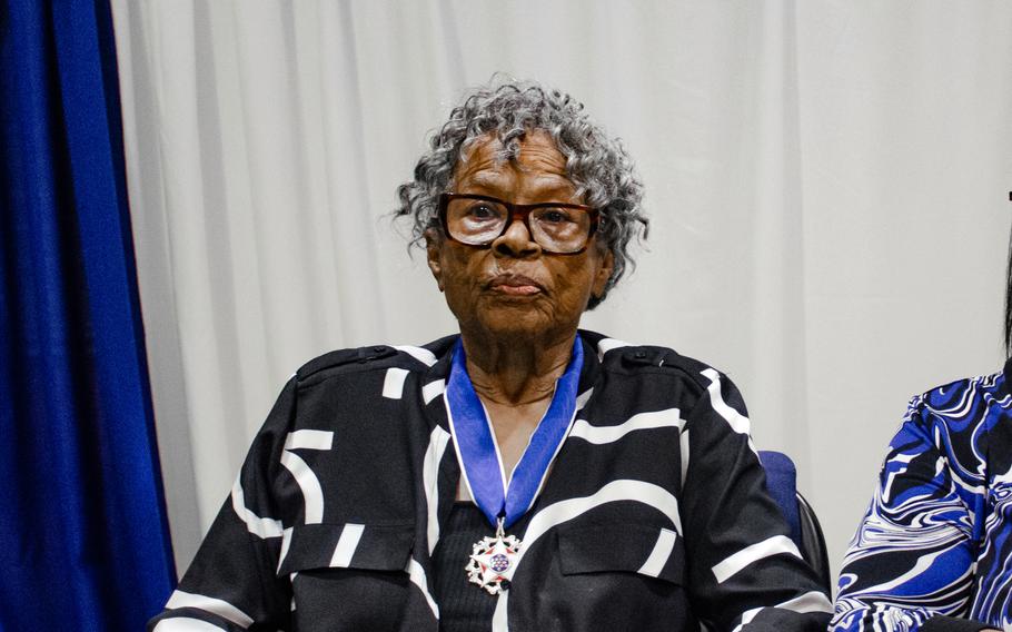 Opal Lee, the "grandmother of Juneteenth," wears her Presidential Medal of Freedom during a visit to Yokosuka Naval Base, Japan, May 20, 2024.