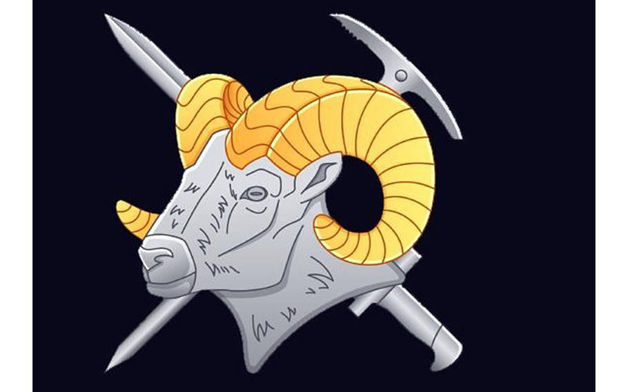 A rendering of a possible badge shows a ram’s head with golden horns in the foreground with a sword and ice axe in the background.