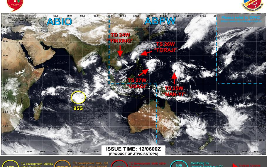 U.S. bases on Guam resume COR 4. Man-yi hurtling southwest away from Guam as a tropical storm. All warnings and watches canceled.