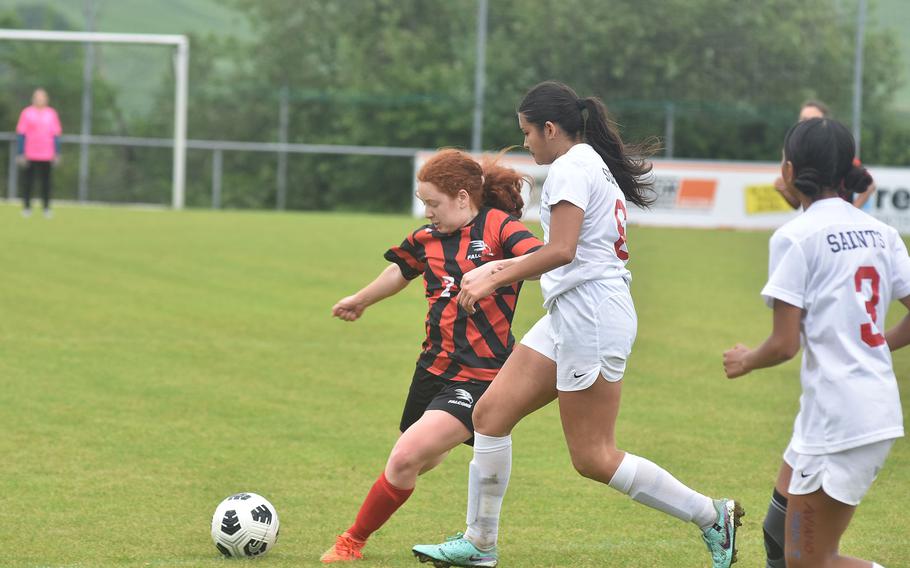 American Overseas School of Rome's Ariella Covalin Mizrahi gets a shot off against Aviano in the Falcons' 2-0 victory in the fifth-place game of the DODEA European Division II girls soccer championships at Reichenbach-Steegen, Germany on Wednesday, May 22, 2024.