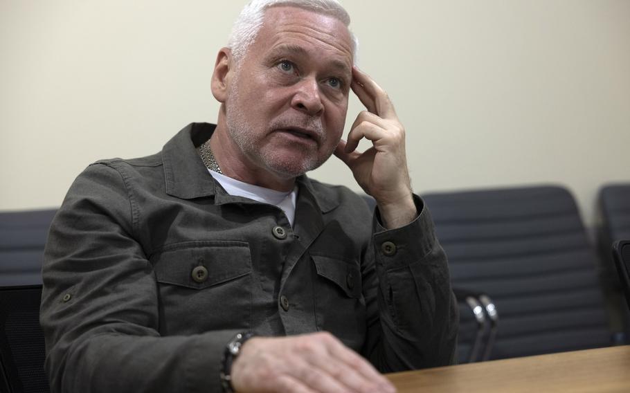 Kharkiv Mayor Ihor Terekhov speaks in an office in a makeshift bunker under a municipal building last month.