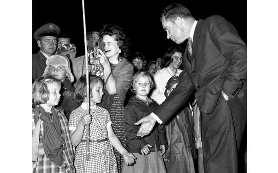 Morocco, March, 1957: Vice President Richard Nixon tries to connect with the crowd as he visits with Americans at Nouasseur Air Base. Earlier, Nixon was greeted by an estimated 200,000 Moroccans as he began a goodwill tour of Africa.

Looking for Stars and Stripes’ historic coverage? Subscribe to Stars and Stripes’ historic newspaper archive! We have digitized our 1948-1999 European and Pacific editions, as well as several of our WWII editions and made them available online through https://starsandstripes.newspaperarchive.com/

META TAGS: Richard Nixon; vice president; North Africa; presidential tour; children; military family;