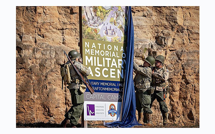 The National Memorial of Military Ascent is unveiled at Grafton, Ill., on Oct. 11, 2023.