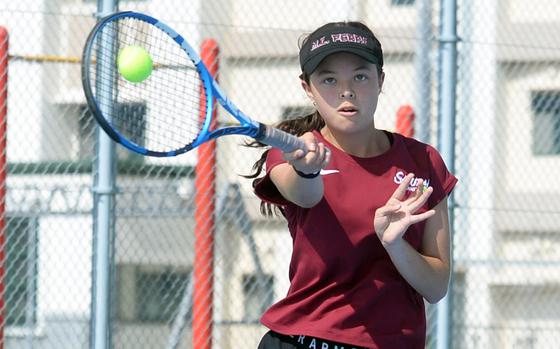 Matthew C. Perry's Miah Apperson lost in the girls Division II quarterfinals in the Far East tournament 4-0, 4-1 to defending champion Moa Best of King.