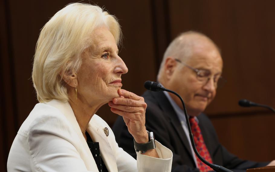 Jane Harman, left, chairwoman of the Commission on the National Defense Strategy, listens Tuesday, July 30, 2024, during a hearing of the Senate Armed Services Committee on Capitol Hill. Next to her is Eric Edelman, the commission’s vice chairman.