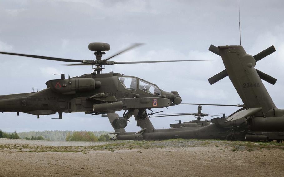 An Apache helicopter lands at a forward arming and refueling point at Grafenwoehr Training Area in Germany after live-fire training on Sept. 24, 2024. 