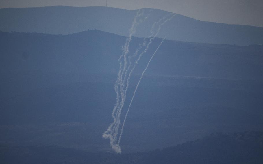 Israeli Iron Dome air defense system fires to intercept rockets that were launched from Lebanon.