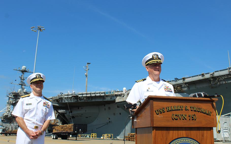 Capt. Dave Snowden and Rear Adm. Sean Bailey at a news conference