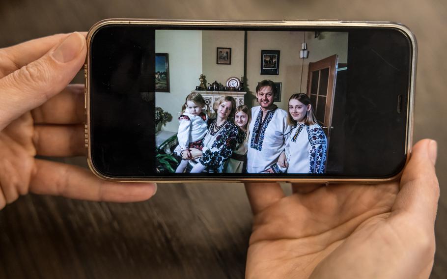 A picture on a phone of Eugenia Bazylevych’s family in Lviv, Ukraine. 