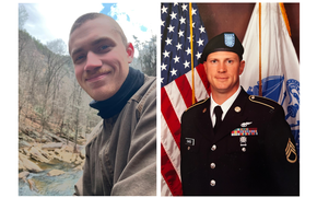 A selfie of a young man smiling on the left next to an official portrait of a different young man in uniform on the right.