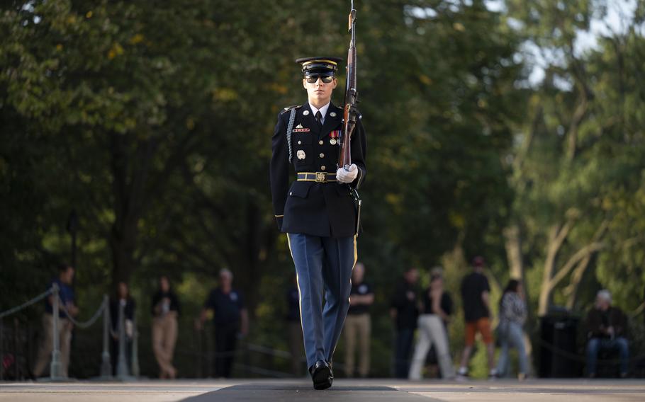 U.S. Army Spc. Jessica Kwiatkowski walks the mat for the final time at the Tomb of the Unknown Soldier, Arlington, Va., Oct. 4, 2024.