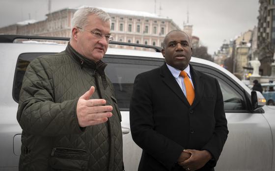 Britain's Foreign Secretary David Lammy, right, speaks to Ukraine's Foreign Minister Andriiy Sybiha, during their meeting in Kyiv, Ukraine, Wednesday, Feb. 5, 2025. (AP Photo/Efrem Lukatsky)