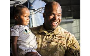 U.S. Air Force Master Sgt. Jonathan Rodgers, a boom operator assigned to the 91st Air Refueling Squadron, is welcomed home by his daughter at MacDill Air Force Base, Florida, Jan. 5, 2025. The Airman had just returned from a deployment in the U.S. Central Command area of responsibility. The 6th ARW thanks all the service members and their families for the sacrifices they make throughout their military career. The support of military families serves as the backbone for the 6th ARW’s ability to deliver hope and project lethality, anytime and anywhere. (U.S. Air Force photo by Staff Sgt. Lauren Cobin)