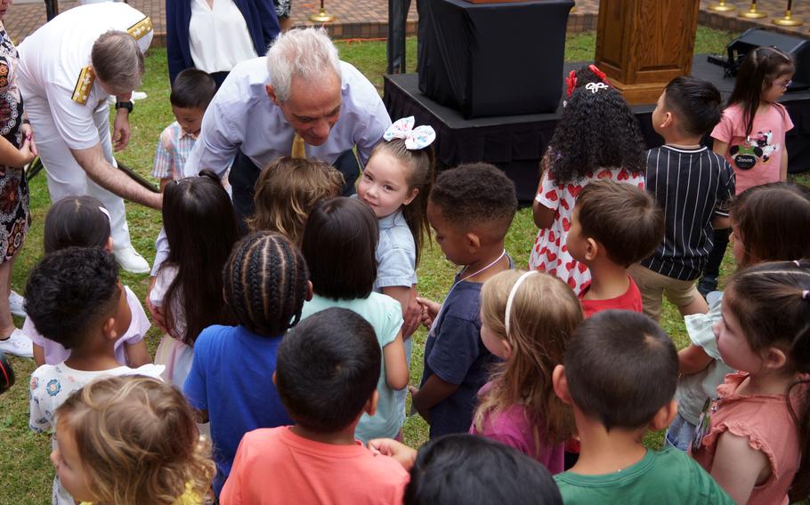 U.S. Ambassador to Japan Rahm Emanuel greets students at Yokosuka Primary School, Yokosuka Naal Base, Japan, on Sept. 4, 2024. 