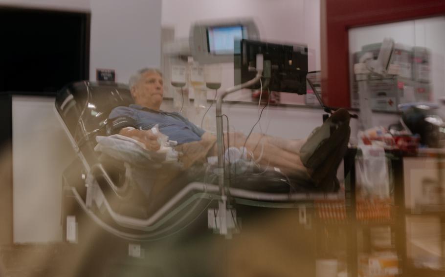 Jeff Frazier, 65, donates platelets at the American Red Cross in Horsham, Pa.