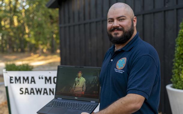 Dillon Dean, who voices Tecumseh in Civilization VII, poses for a portrait at the Shawnee Language Center on Sept. 20, 2024 in Miami, Okla.. 