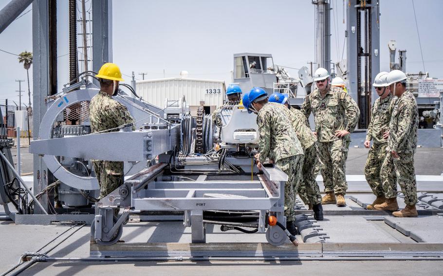 The USS Chosin on Friday, Oct. 11, 2024, conducted the Navy’s first-ever attempt to resupply a warship’s weapons system at sea.