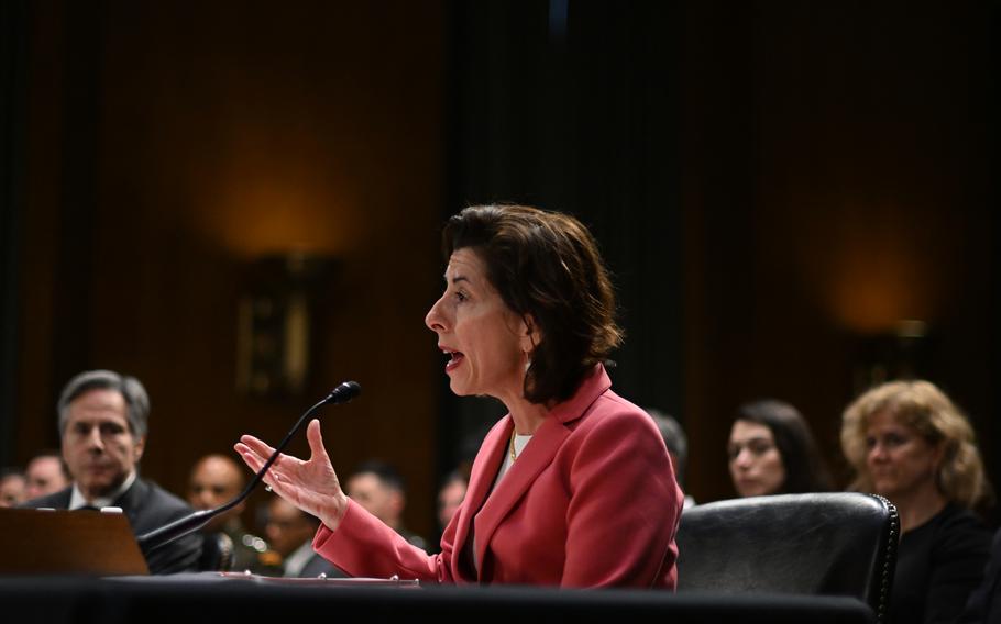 Commerce Secretary Gina Raimondo speaks during a hearing on Capitol Hill.