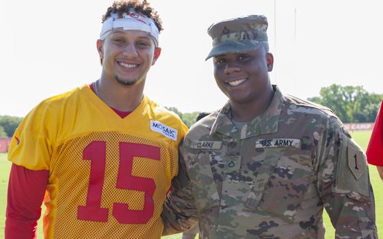 Private First Class Zeke Clark, attached to 1st Infantry Division, attends the last day of the Kansas City Chiefs training camp on August 15 in Kansas City, MO. Afterward, Clarke met with Patrick Mahomes ll, quarterback for the Kansas City Chiefs, to get an autograph and a photo. (U.S Army photos by Spc. Joshua Oh, 19th Public Affairs Detachment)