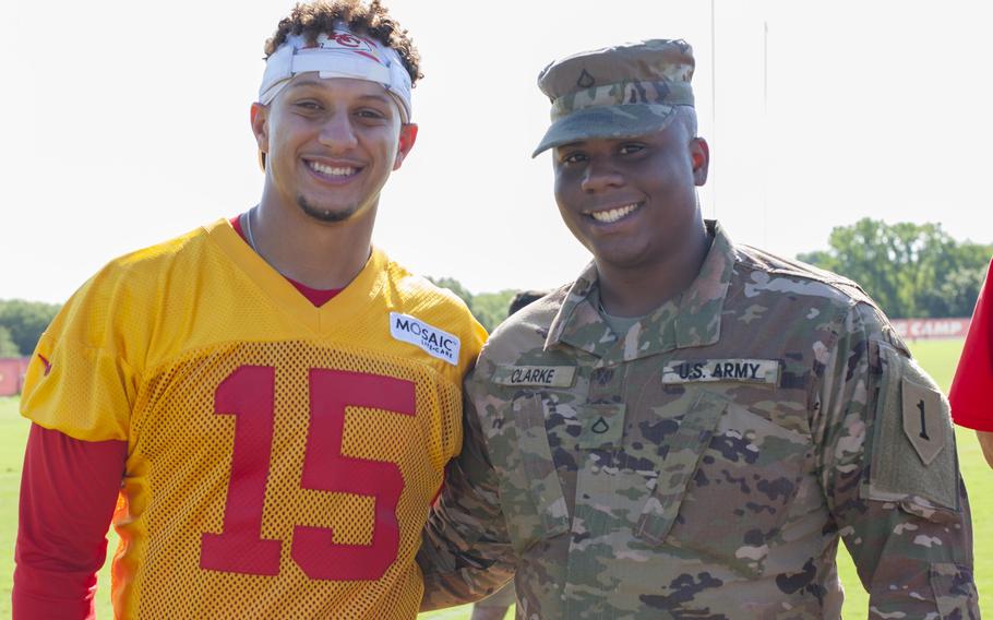 Private 1st Class Zeke Clark, attached to 1st Infantry Division, attends the last day of the Kansas City Chiefs training camp on August 15 in Kansas City, Mo. Afterward, Clarke met with Patrick Mahomes ll, quarterback for the Kansas City Chiefs, to get an autograph and a photo.